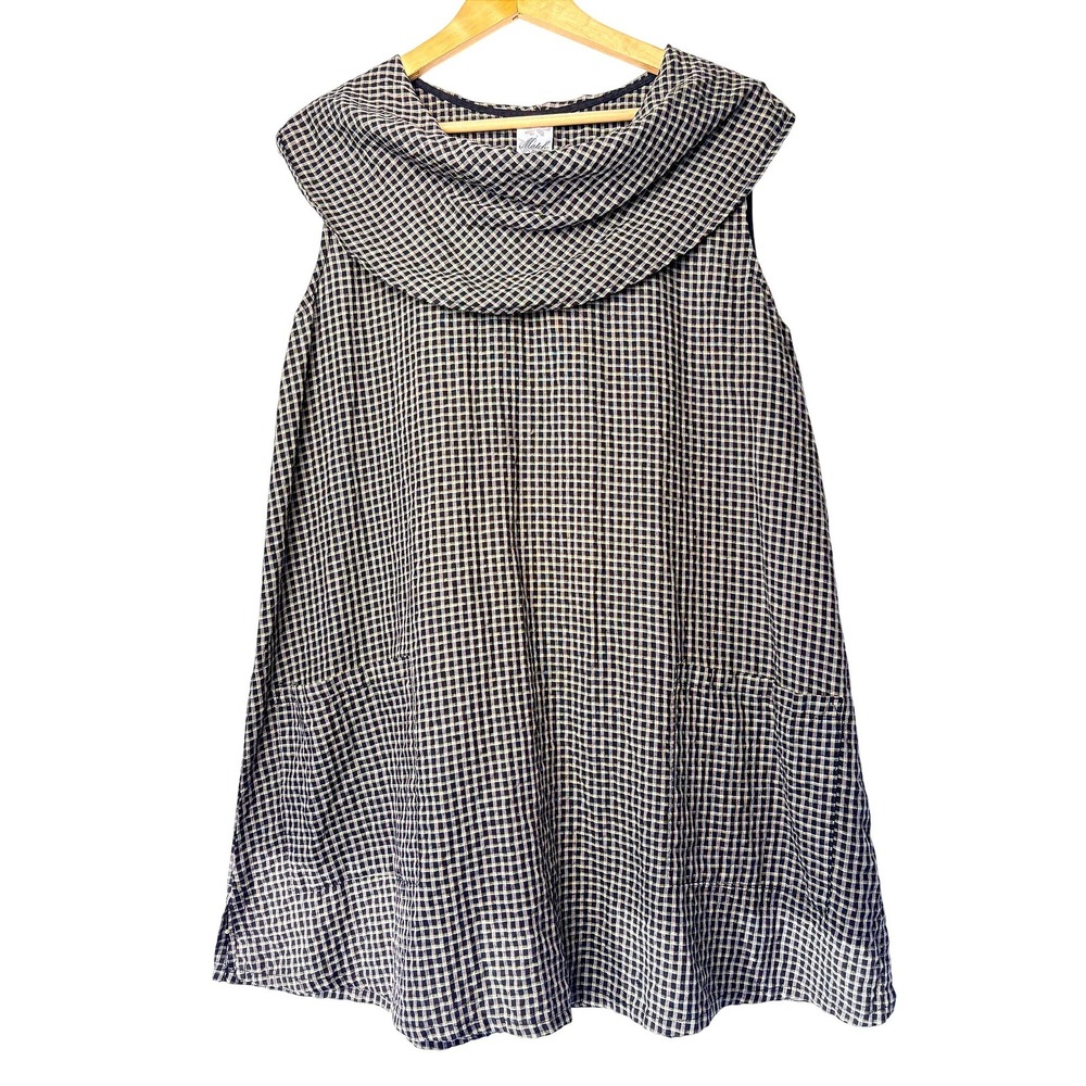 Vintage Match Point USA Linen Lagenlook Cowl Neck Plaid Tunic Dress Large